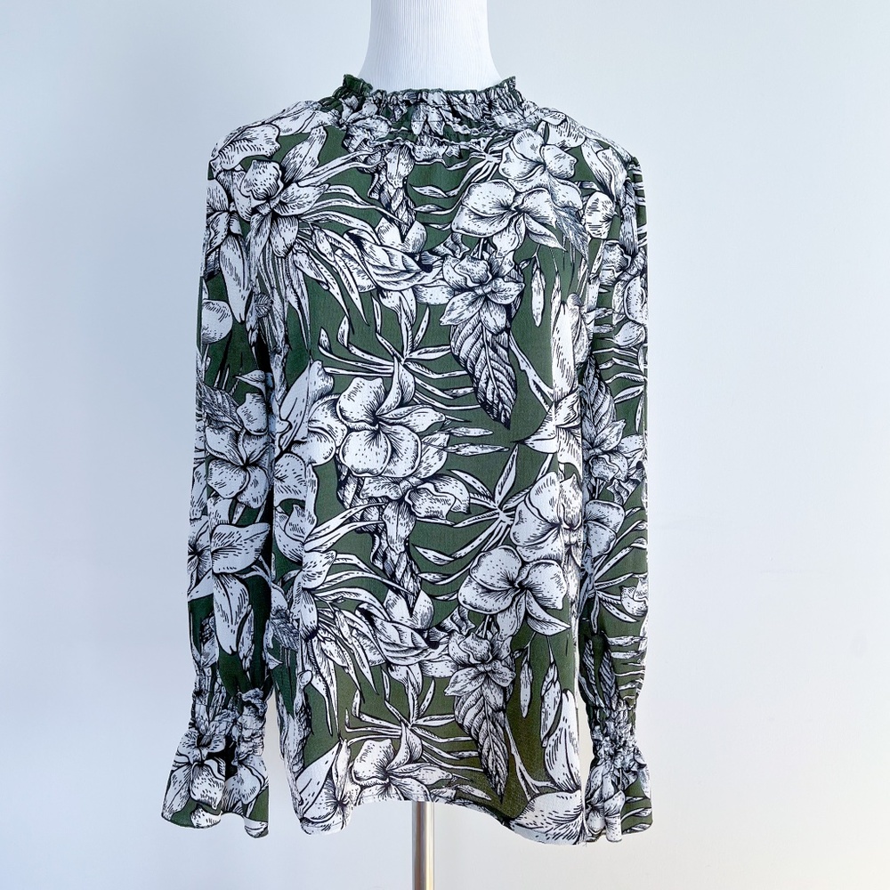 AX Paris | Floral Blouse Top Olive Khaki White Long Sleeve Office Dressy  US6